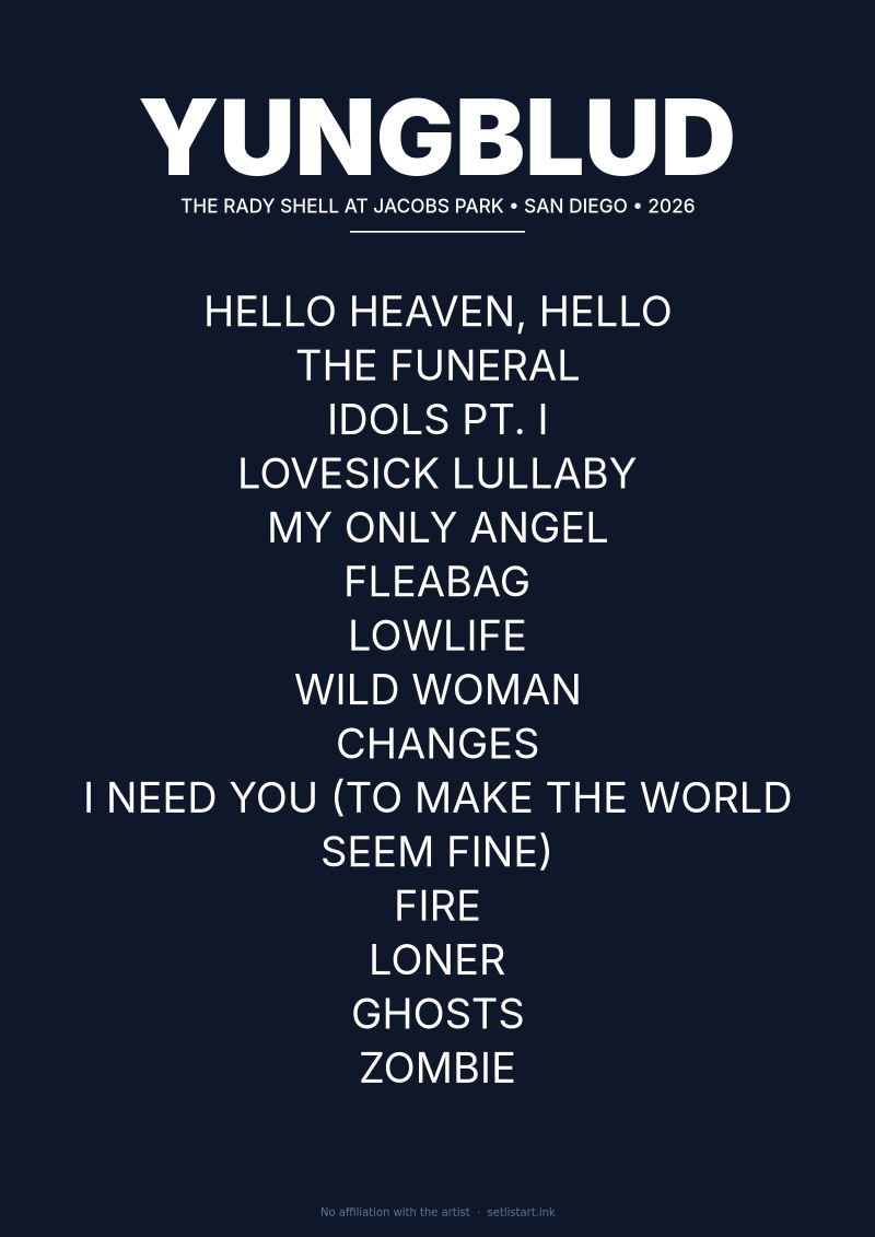 Yungblud San Diego Rady Shell 2026 setlist poster