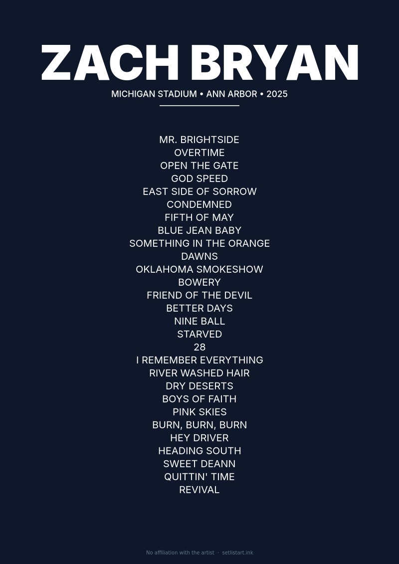 Zach Bryan Ann Arbor 2025 setlist poster preview