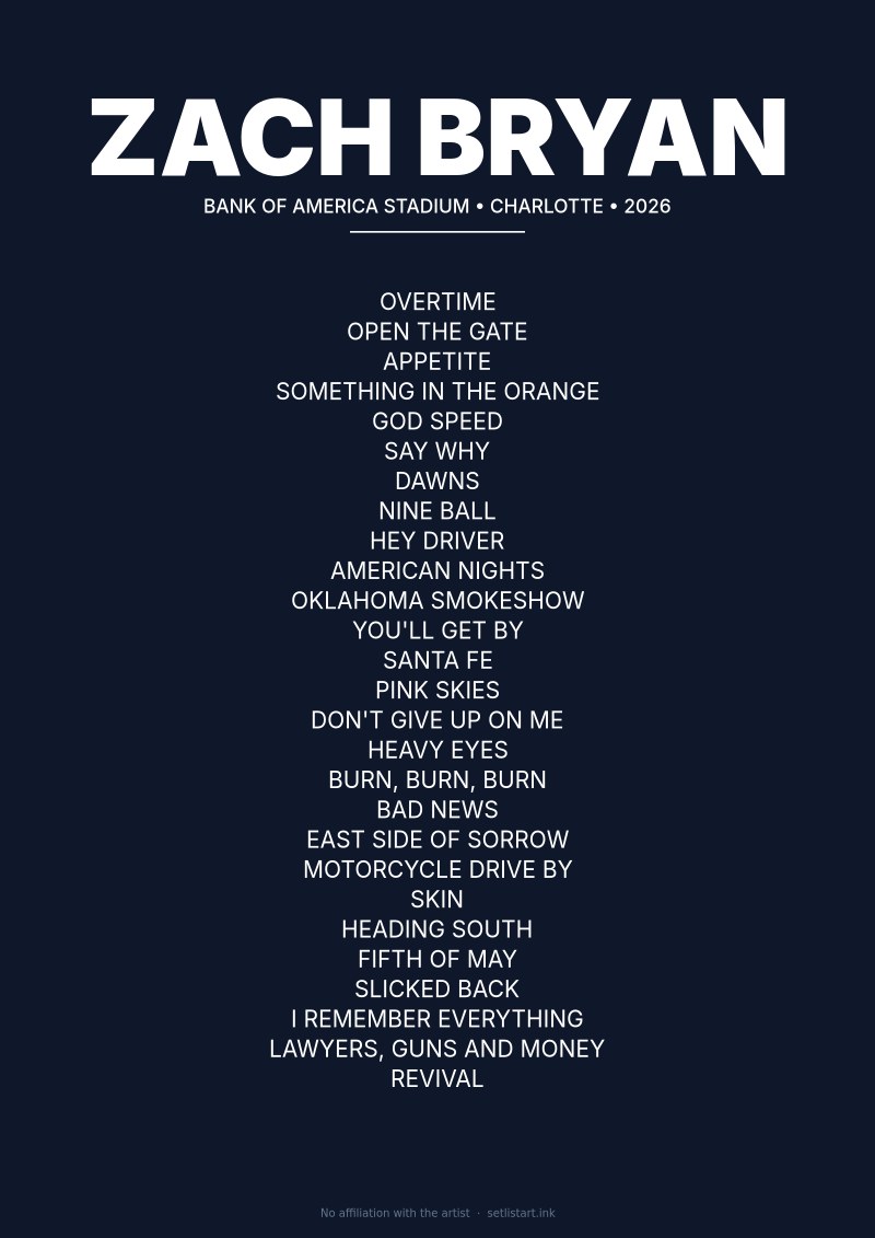 Zach Bryan Charlotte 2026 setlist poster preview