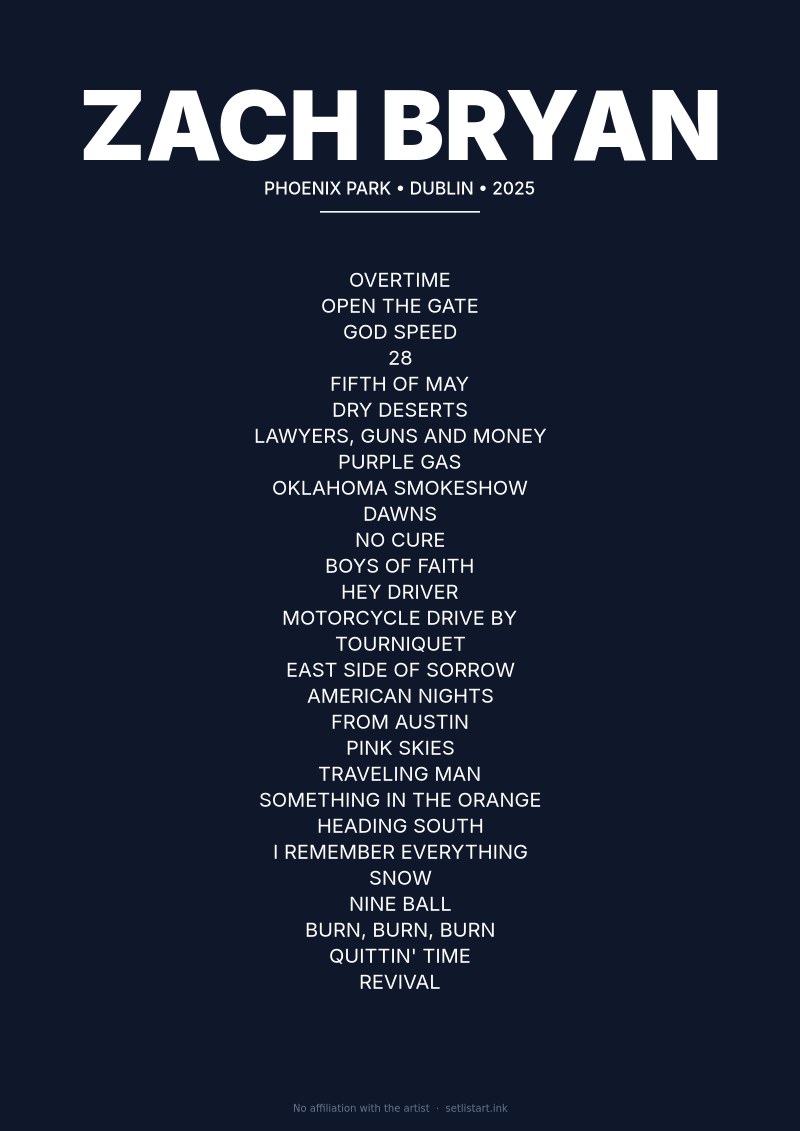Zach Bryan Dublin 2025 setlist poster preview