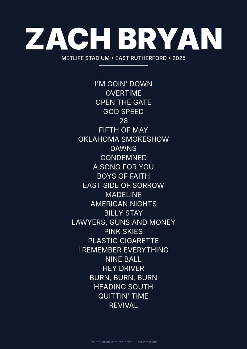 Zach Bryan East Rutherford 2025 setlist poster preview