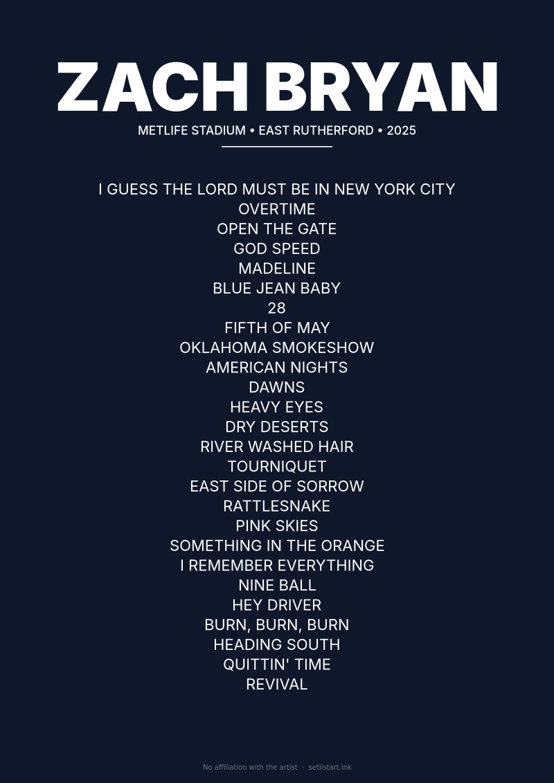 Zach Bryan East Rutherford 2025 setlist poster preview