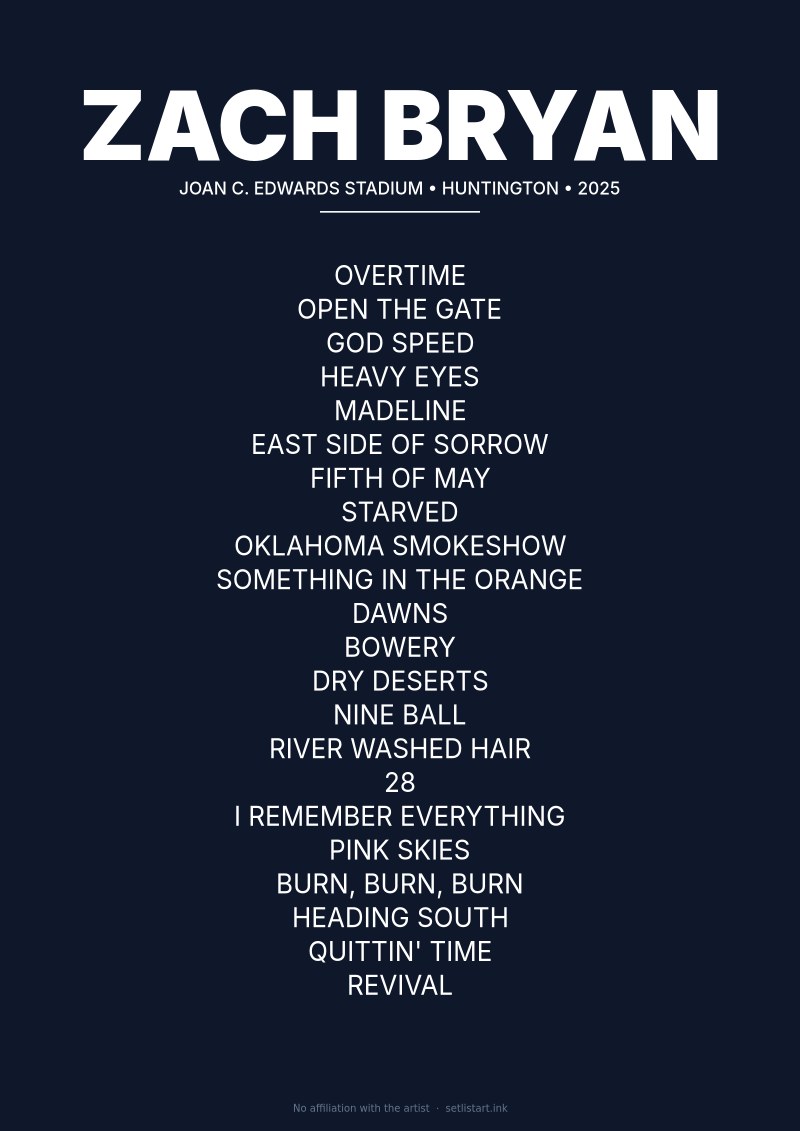 Zach Bryan Huntington 2025 setlist poster preview
