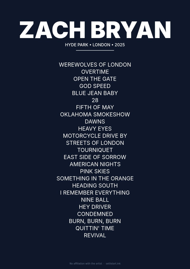 Zach Bryan London 2025 setlist poster preview
