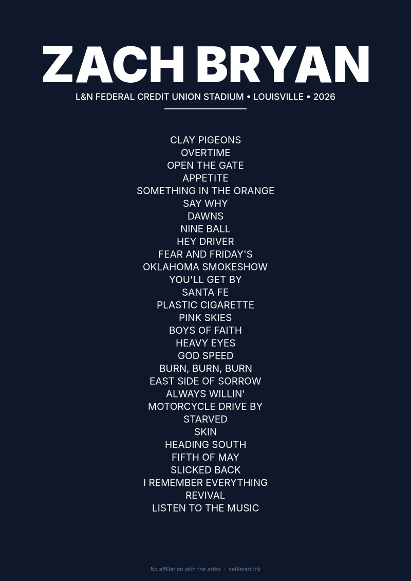 Zach Bryan Louisville 2026 setlist poster preview