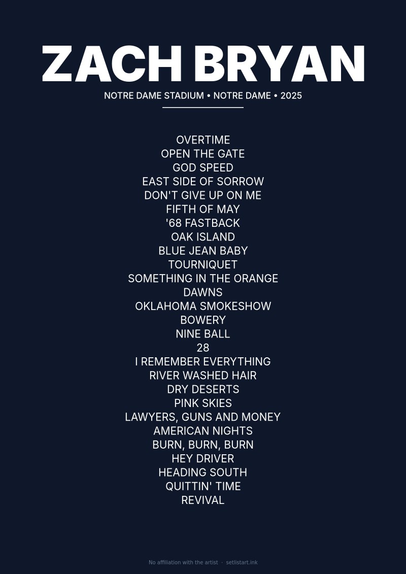 Zach Bryan Notre Dame 2025 setlist poster preview