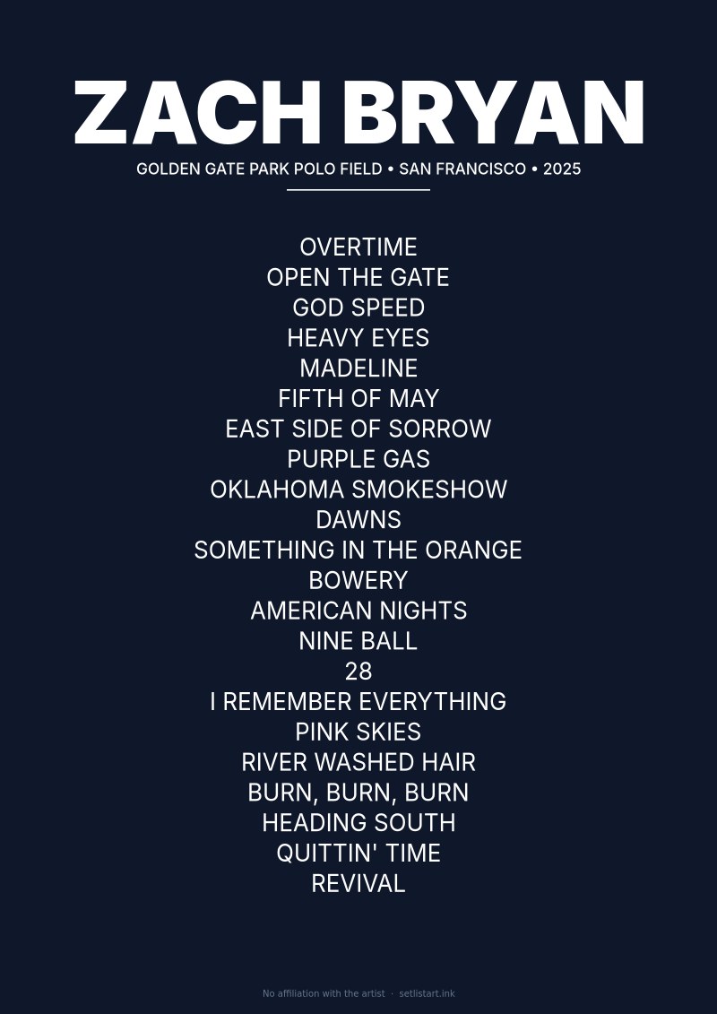 Zach Bryan San Francisco 2025 setlist poster preview