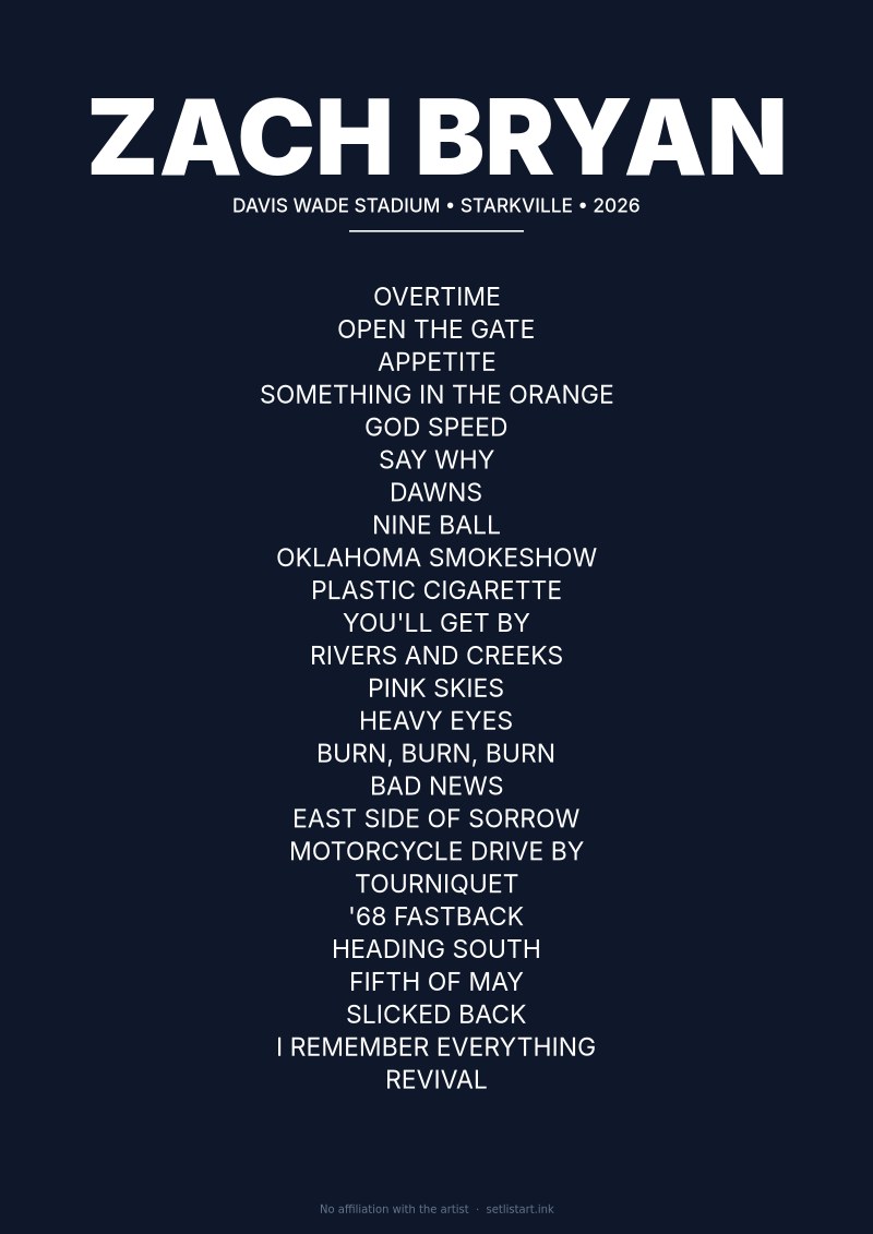 Zach Bryan Starkville 2026 setlist poster preview