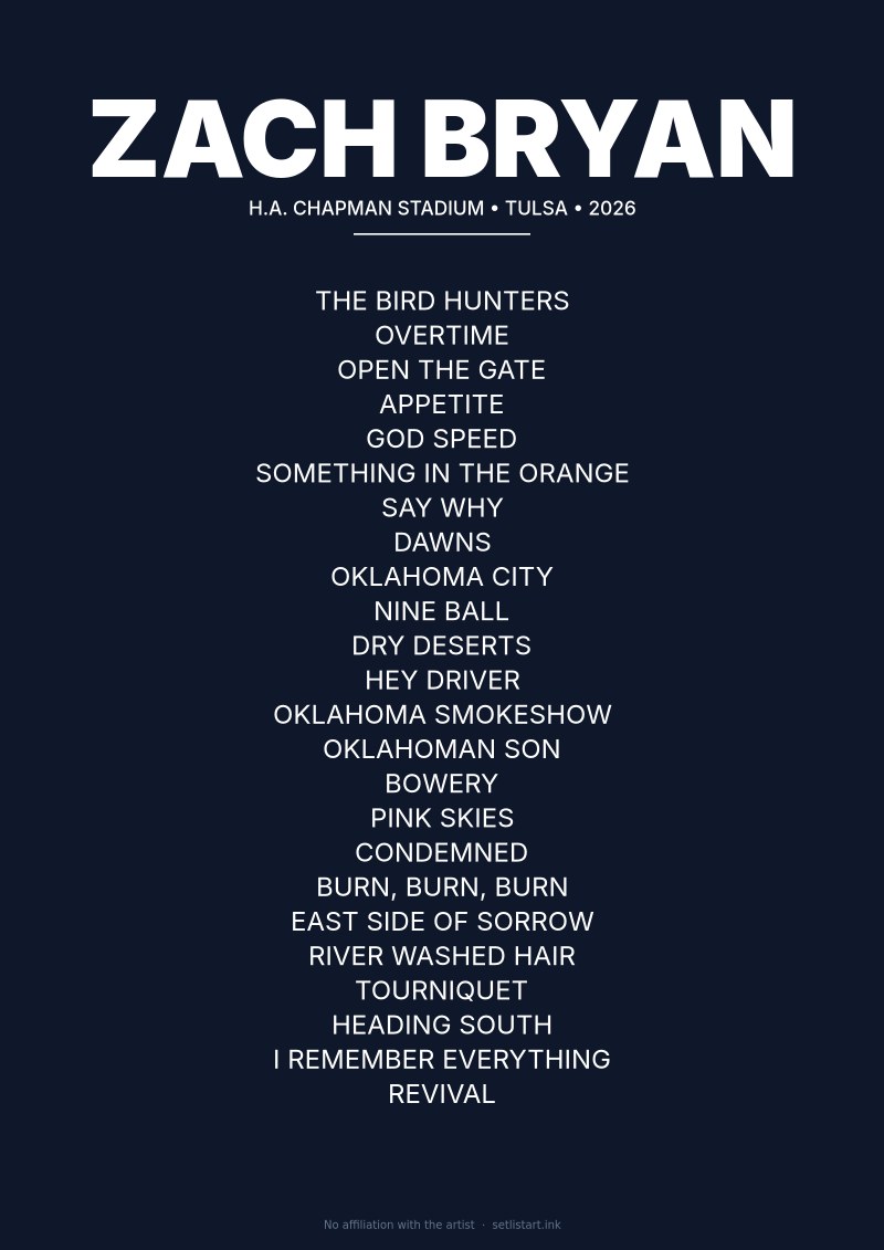 Zach Bryan Tulsa 2026 setlist poster preview
